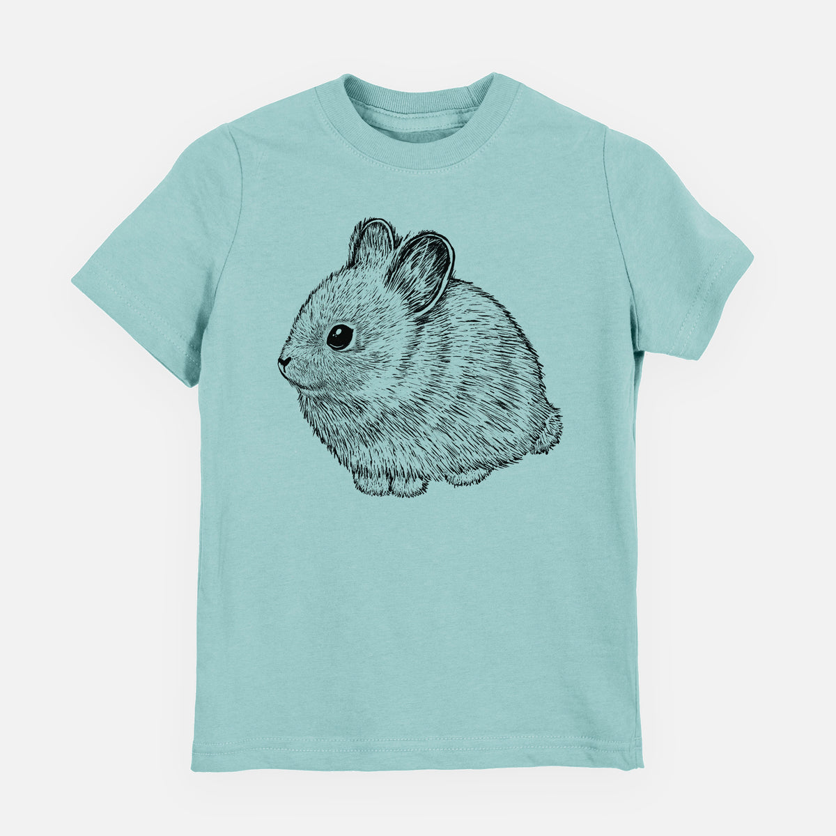 Saltwater youth t-shirt laid flat, printed with a detailed black ink illustration of a round, fluffy pygmy rabbit.