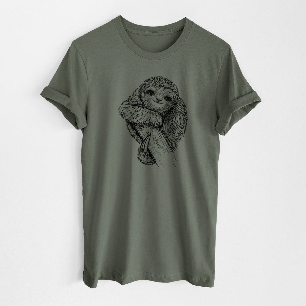 Military green lightweight cotton t-shirt laid flat, printed with a detailed black ink illustration of a smiling pygmy three-toed sloth hanging from a branch.