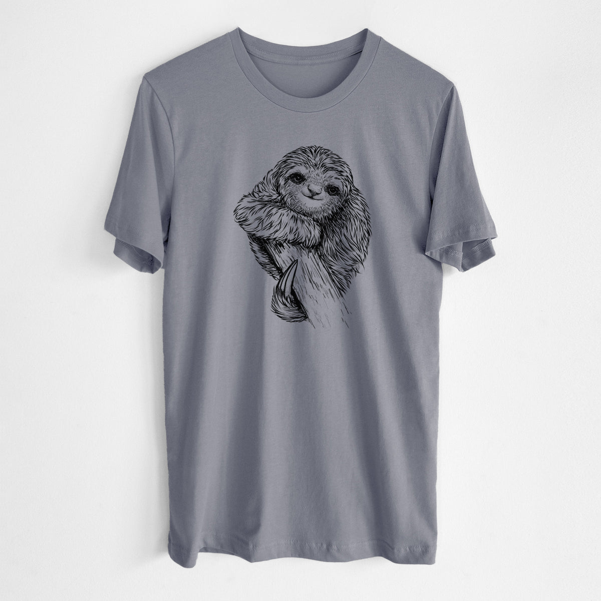 Storm grey lightweight cotton t-shirt laid flat, printed with a detailed black ink illustration of a smiling pygmy three-toed sloth hanging from a branch.