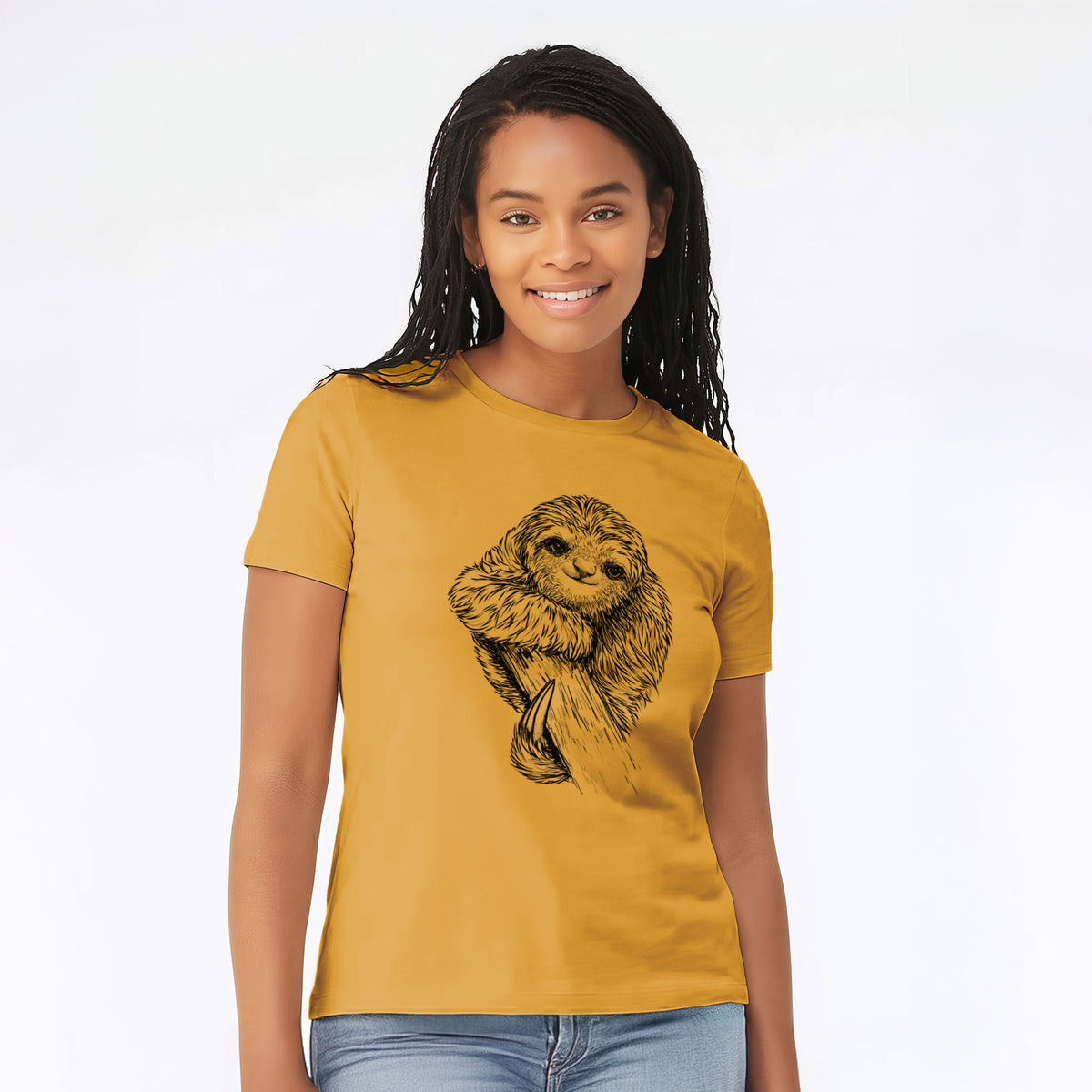 Woman wearing a mustard yellow women's relaxed fit cotton t-shirt printed with a detailed black ink illustration of a smiling pygmy three-toed sloth hanging from a branch.