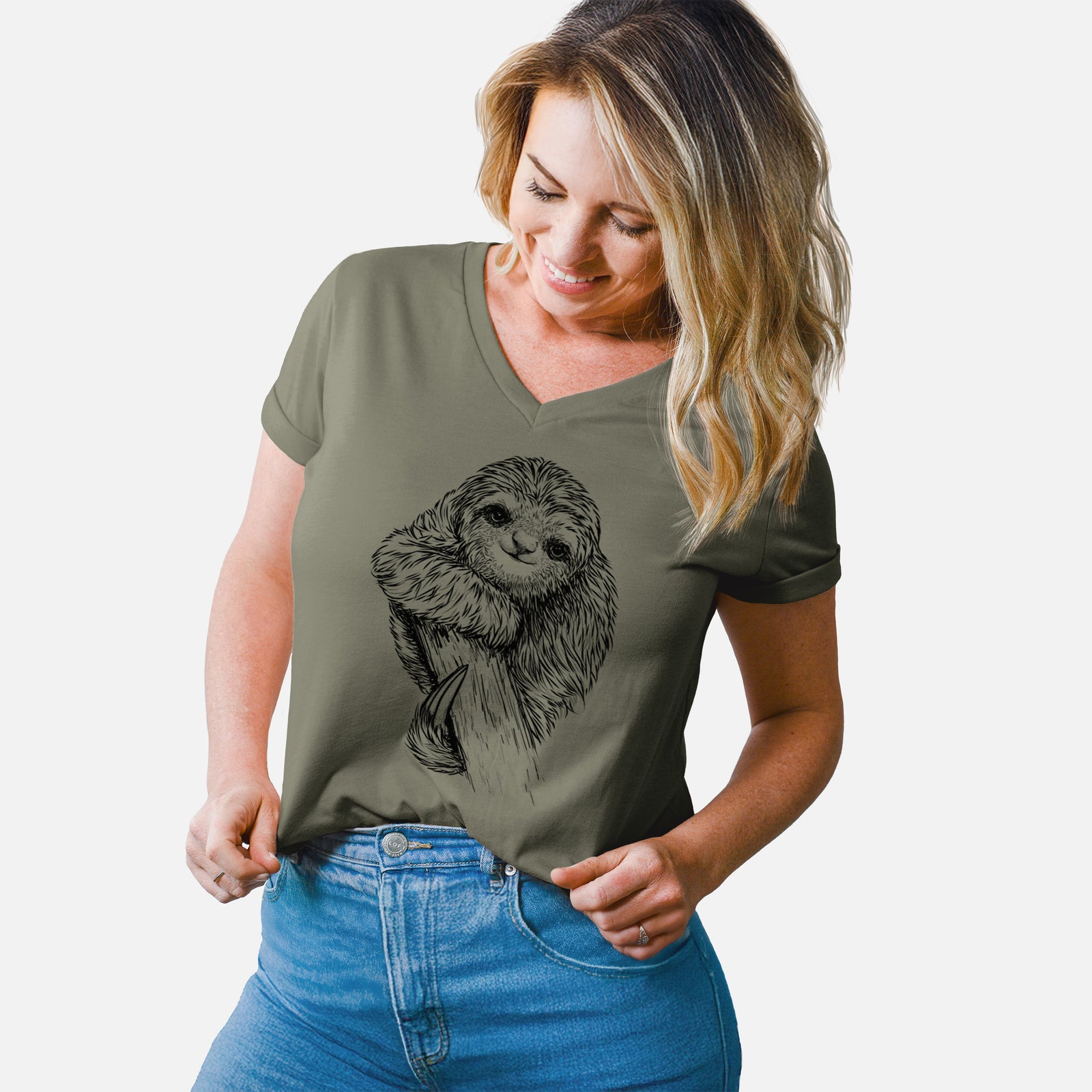 Turquoise women's relaxed fit cotton V-neck t-shirt laid flat, printed with a detailed black ink illustration of a smiling pygmy three-toed sloth hanging from a branch.