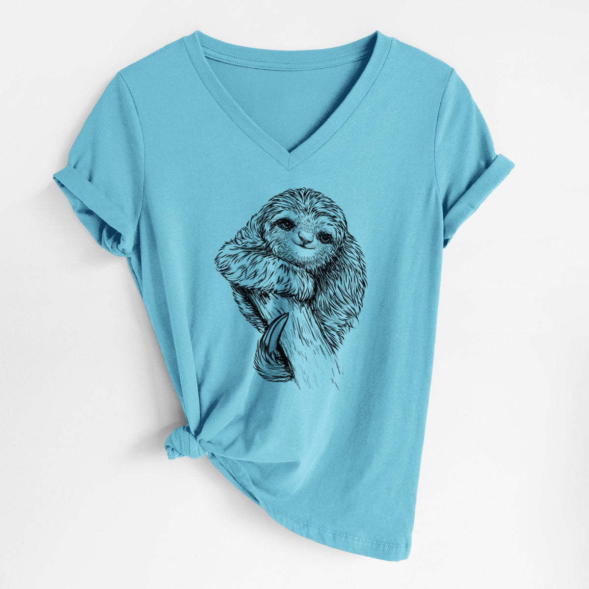 Turquoise women's relaxed fit cotton V-neck t-shirt laid flat, printed with a detailed black ink illustration of a smiling pygmy three-toed sloth hanging from a branch.