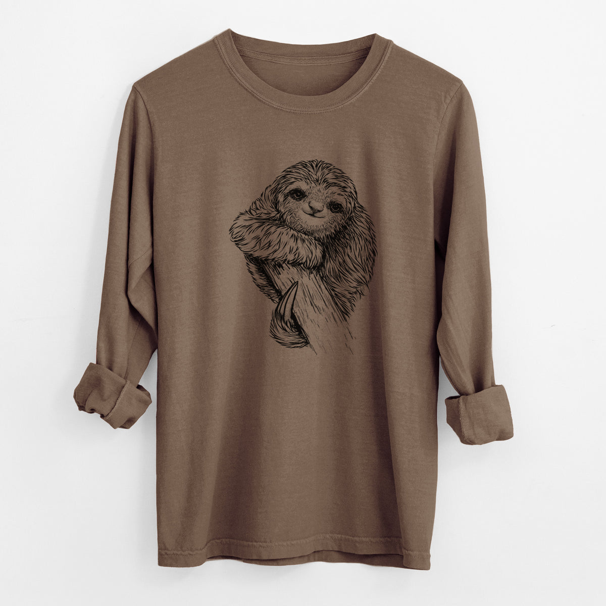 Espresso brown Comfort Colors long sleeve shirt laid flat with the cuffs rolled, printed with a detailed black ink illustration of a smiling pygmy three-toed sloth hanging from a branch.