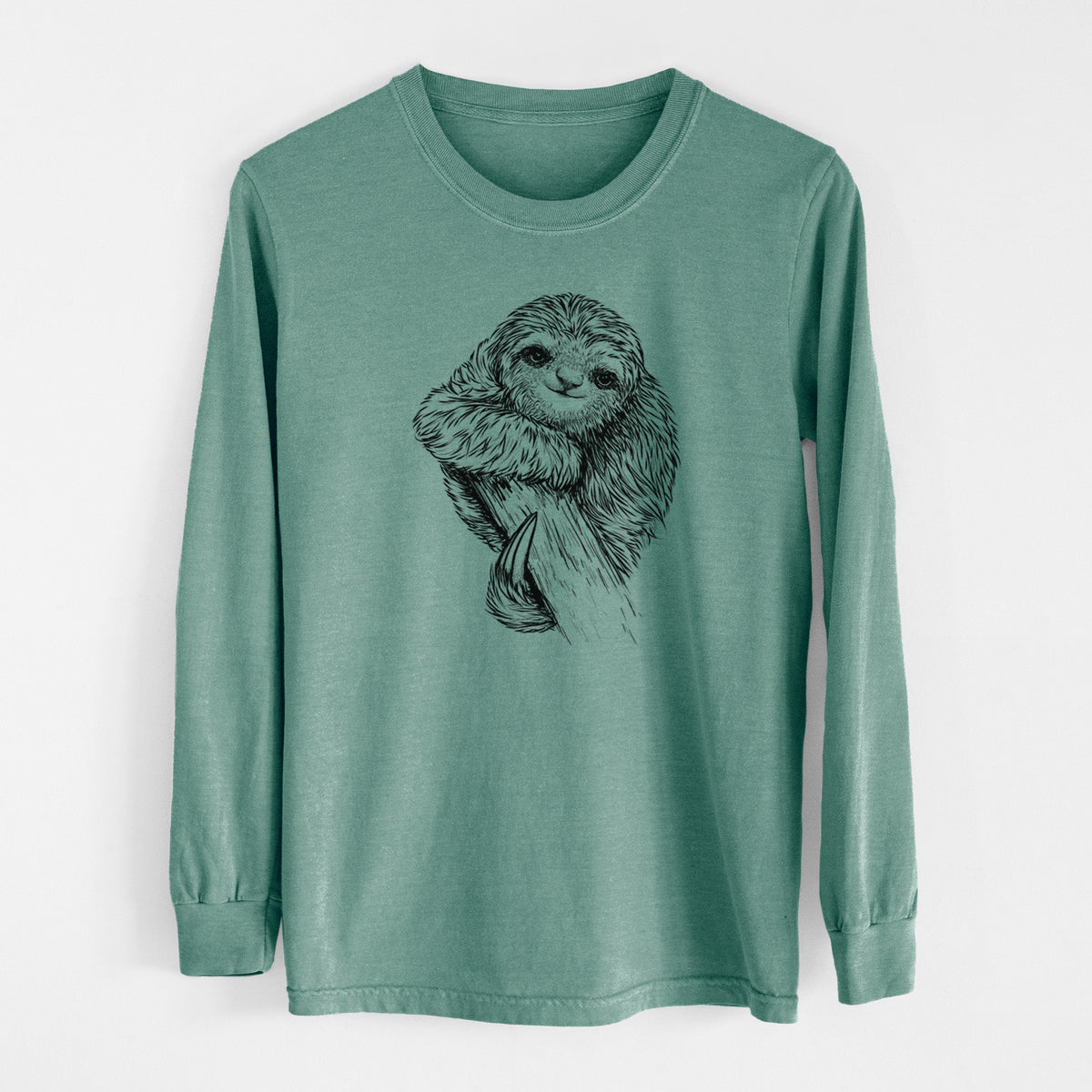 Pine green Comfort Colors long sleeve shirt laid flat, printed with a detailed black ink illustration of a smiling pygmy three-toed sloth hanging from a branch.