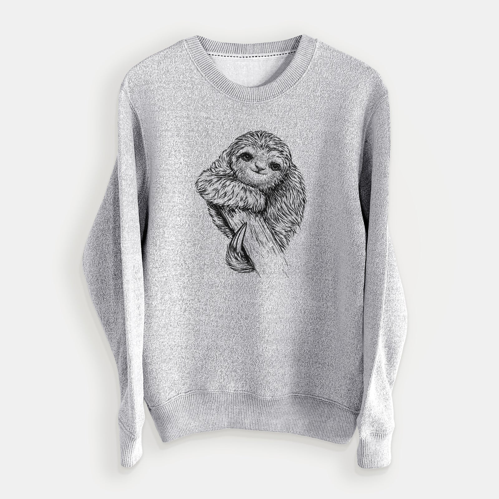 Salt and pepper knit sweatshirt laid flat, printed with a detailed black ink illustration of a smiling pygmy three-toed sloth hanging from a branch.