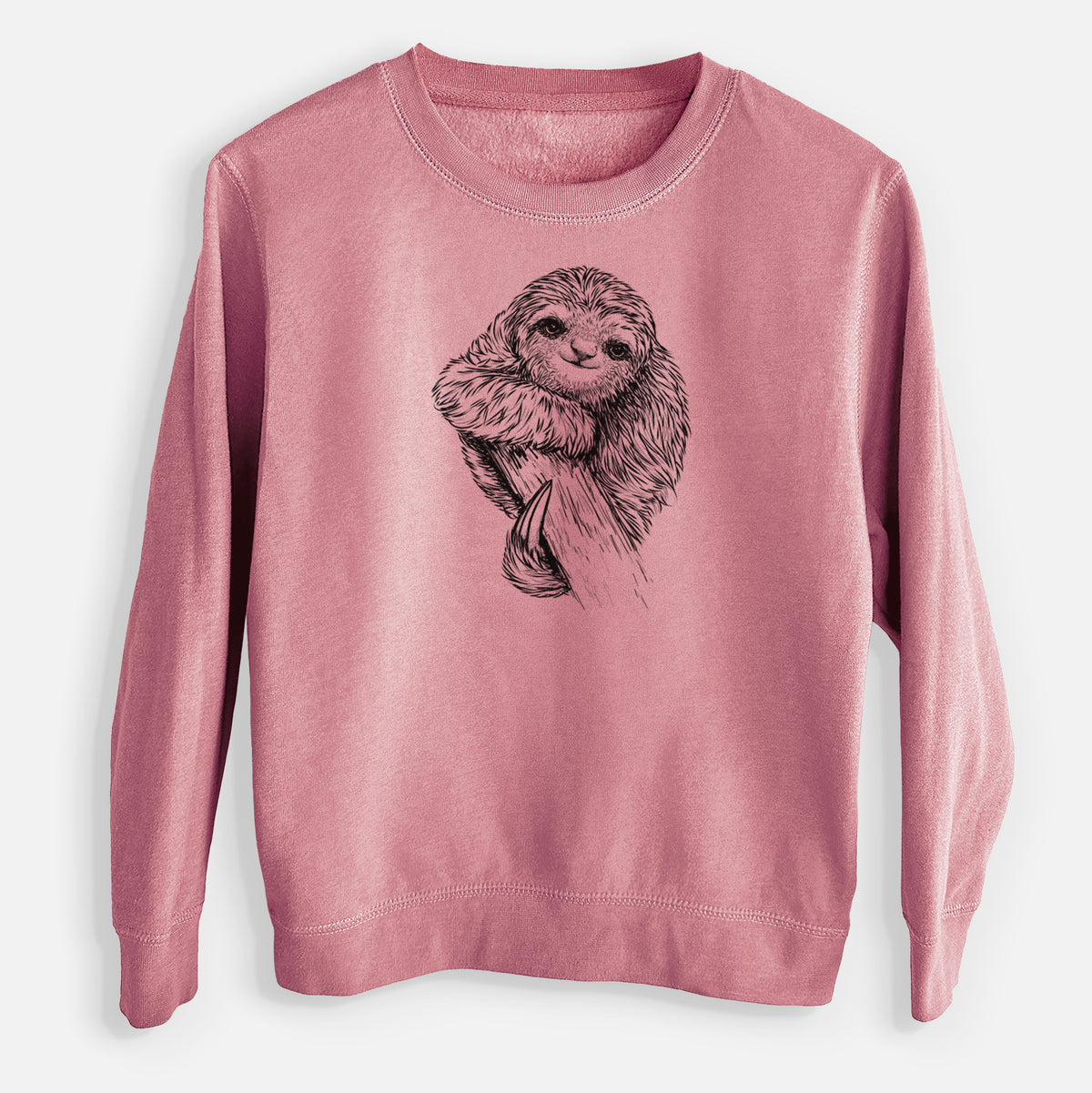Mauve pink youth crewneck sweatshirt laid flat, printed with a detailed black ink illustration of a smiling pygmy three-toed sloth hanging from a branch.