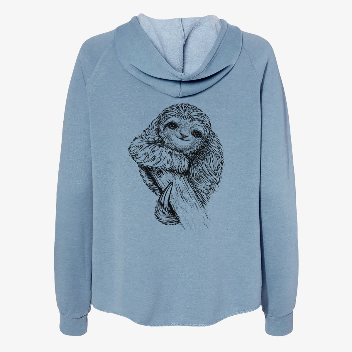 Misty blue women's Cali Wave zip-up sweatshirt laid flat, printed with a detailed black ink illustration of a smiling pygmy three-toed sloth hanging from a branch.