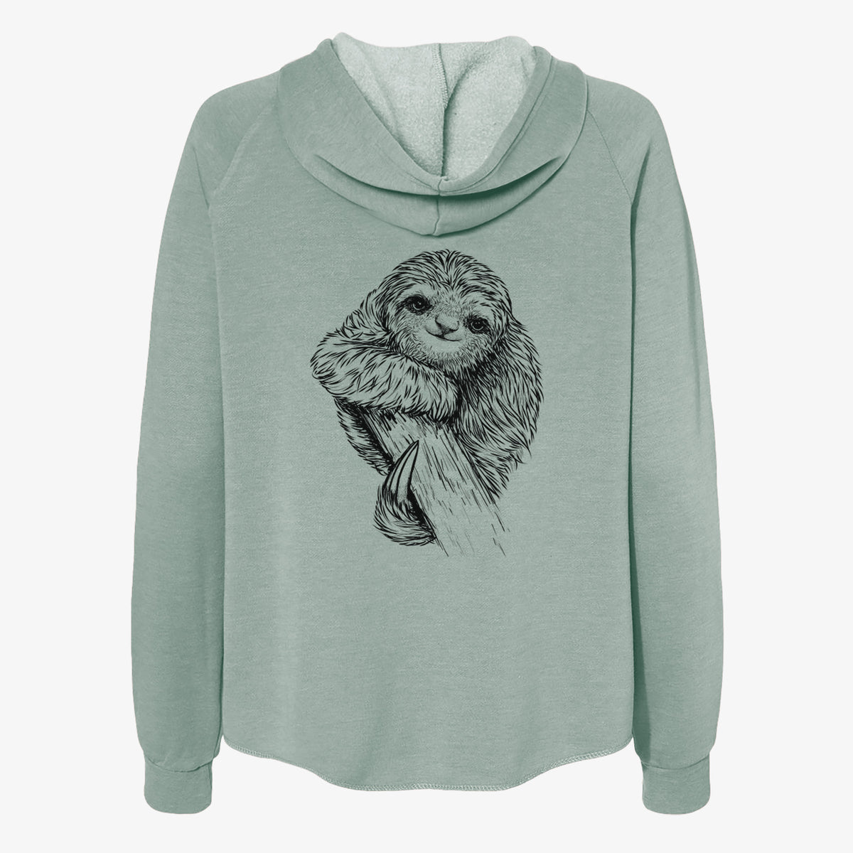 Sage green women's Cali Wave zip-up sweatshirt laid flat, printed with a detailed black ink illustration of a smiling pygmy three-toed sloth hanging from a branch.