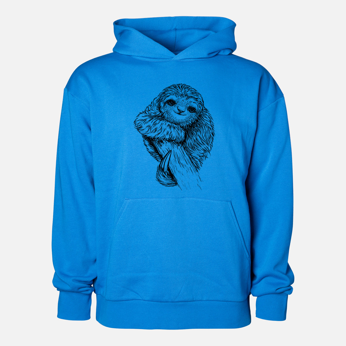 Pygmy Three-toed Sloth - Bradypus pygmaeus - Statement Midweight Hoodie in Azure Blue, shown from the front with the design printed on the chest above a front kangaroo pocket.