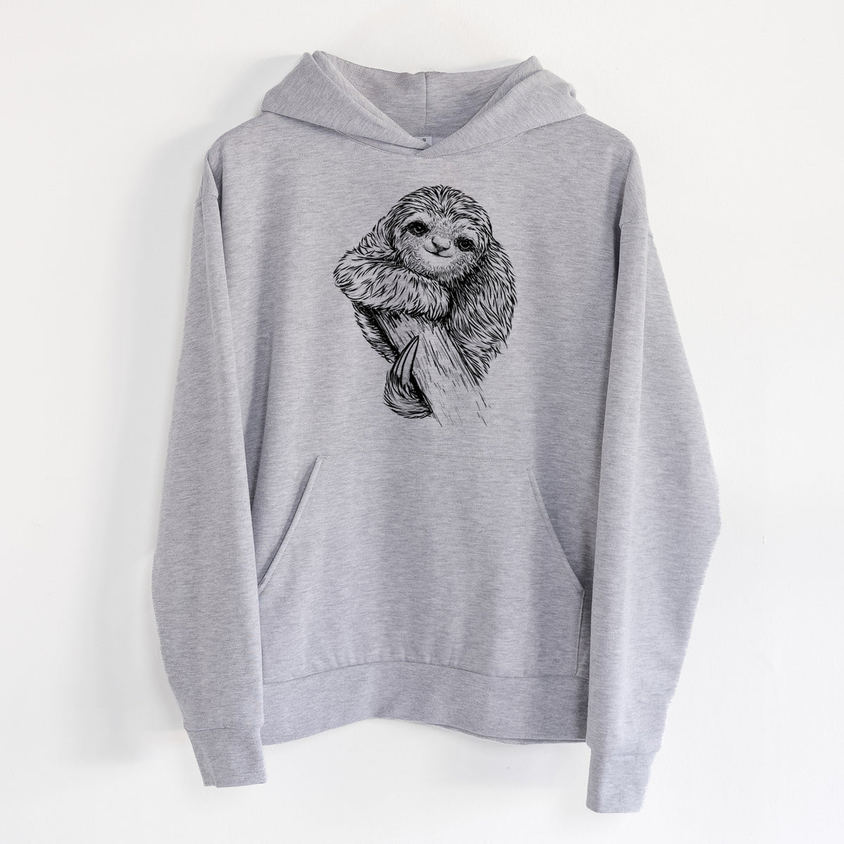 Pygmy Three-toed Sloth - Bradypus pygmaeus - Statement Midweight Hoodie in Heather Grey, hanging on a white wall, with a front kangaroo pocket and no drawcords.