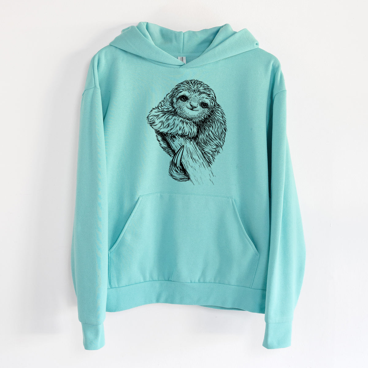 Pygmy Three-toed Sloth - Bradypus pygmaeus - Statement Midweight Hoodie in Seafoam, hanging on a white wall, with a front kangaroo pocket and no drawcords.