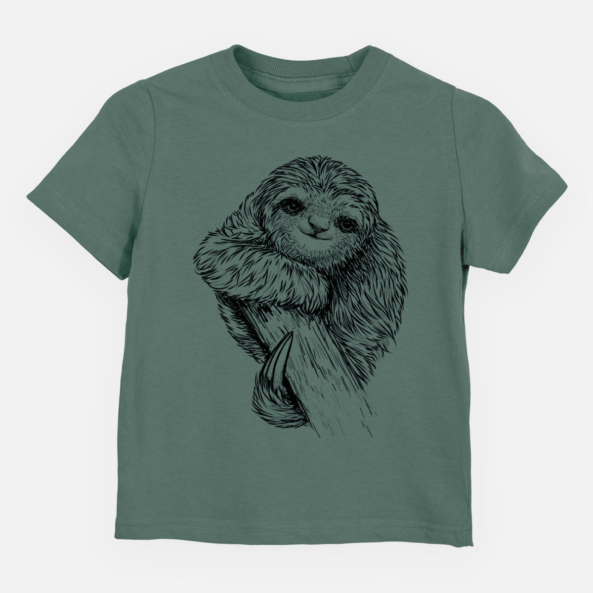 Basil green toddler t-shirt laid flat, printed with a detailed black ink illustration of a smiling pygmy three-toed sloth hanging from a branch.
