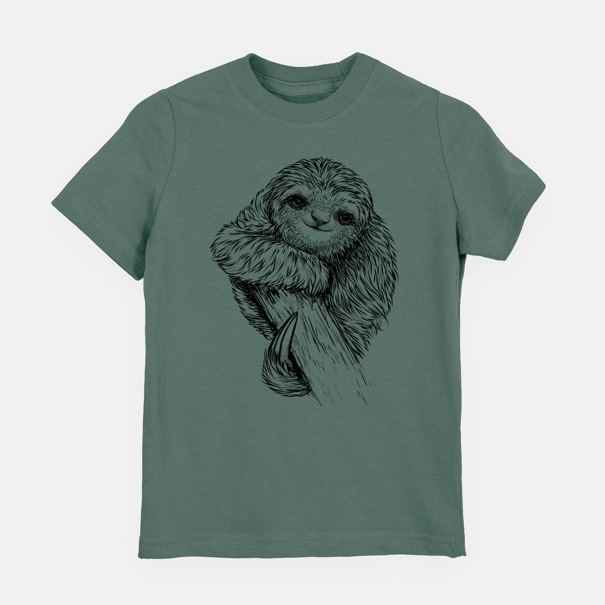 Basil green youth t-shirt laid flat, printed with a detailed black ink illustration of a smiling pygmy three-toed sloth hanging from a branch.