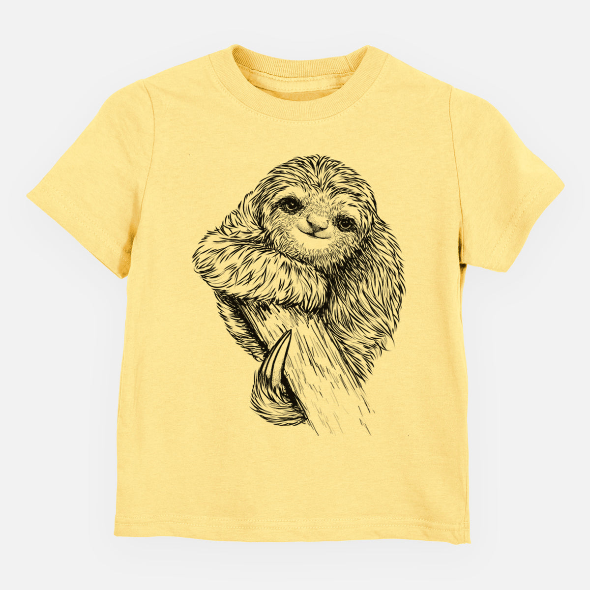 Butter yellow toddler t-shirt laid flat, printed with a detailed black ink illustration of a smiling pygmy three-toed sloth hanging from a branch.