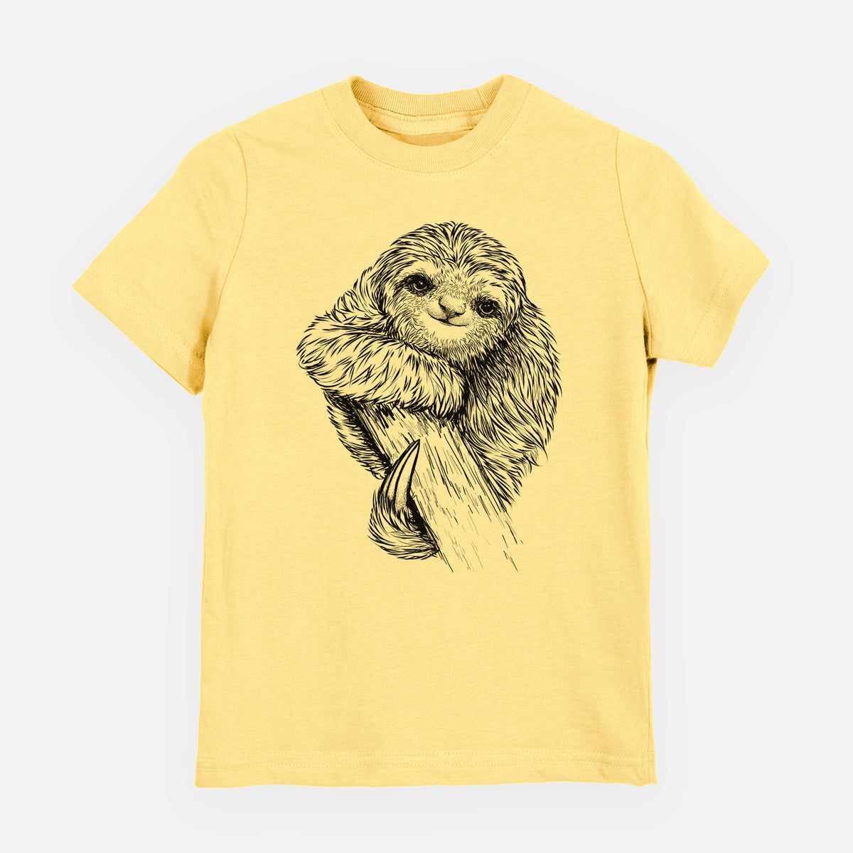 Butter yellow youth t-shirt laid flat, printed with a detailed black ink illustration of a smiling pygmy three-toed sloth hanging from a branch.
