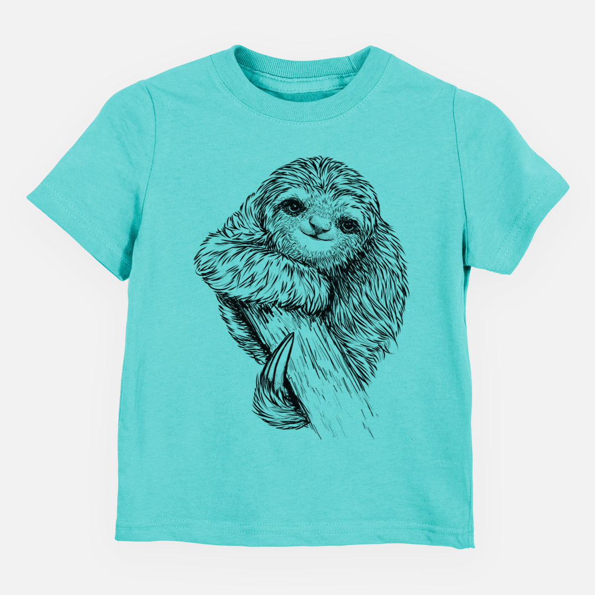 Caribbean blue toddler t-shirt laid flat, printed with a detailed black ink illustration of a smiling pygmy three-toed sloth hanging from a branch.