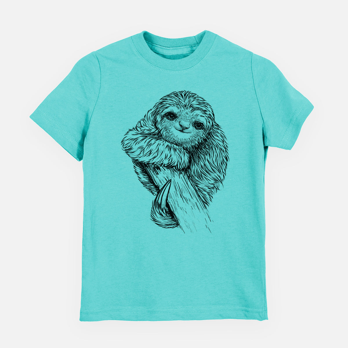 Caribbean blue youth t-shirt laid flat, printed with a detailed black ink illustration of a smiling pygmy three-toed sloth hanging from a branch.