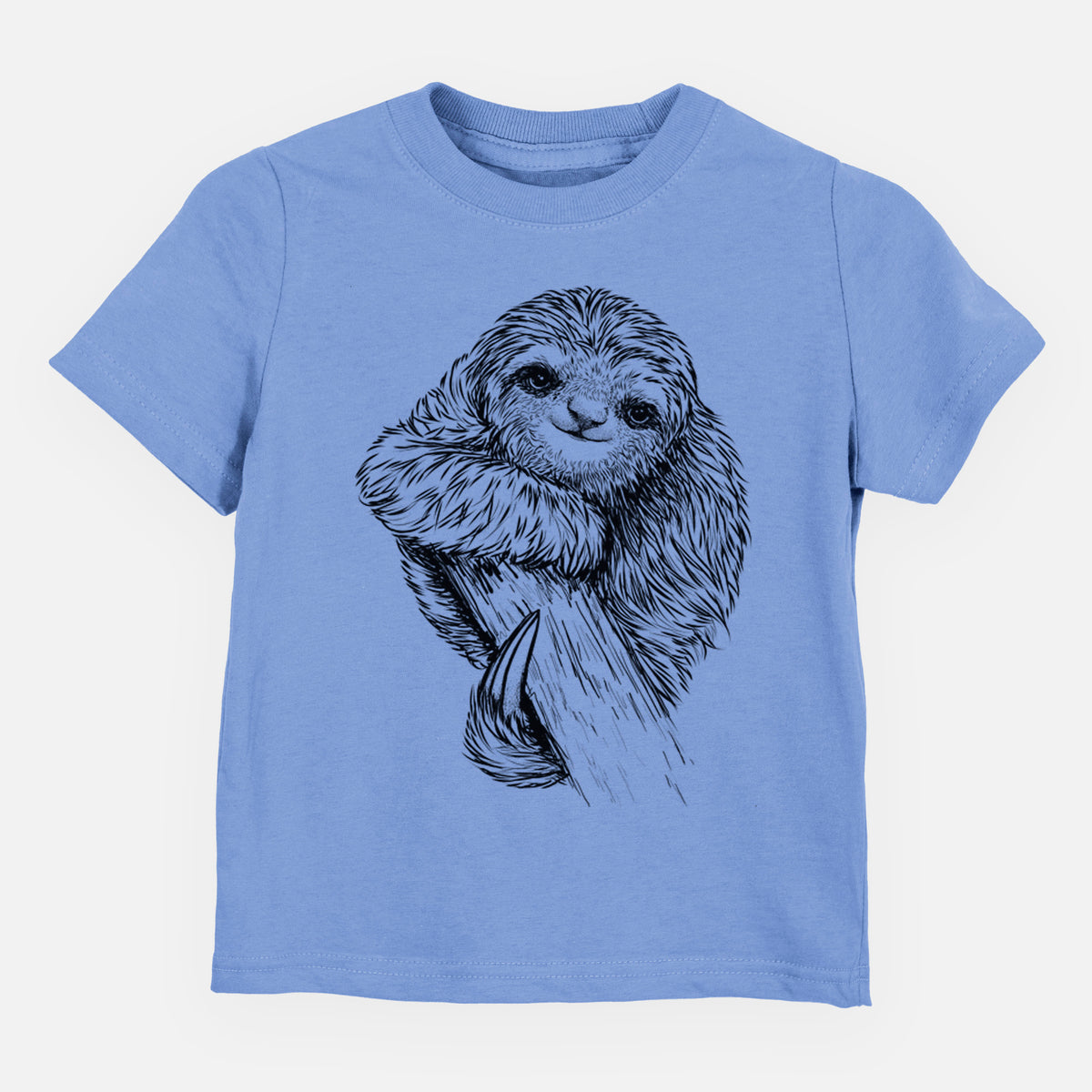 Carolina blue toddler t-shirt laid flat, printed with a detailed black ink illustration of a smiling pygmy three-toed sloth hanging from a branch.