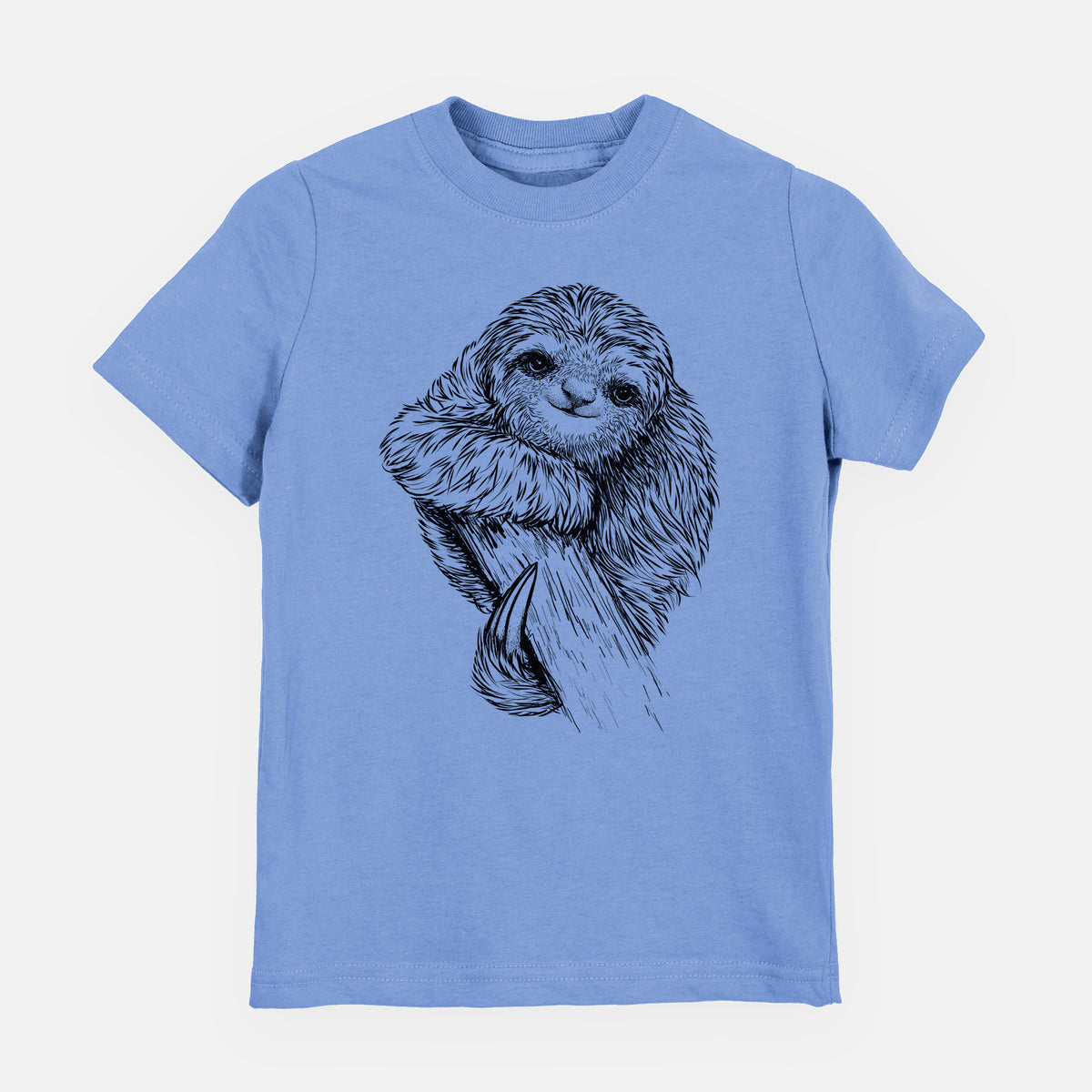 Carolina blue youth t-shirt laid flat, printed with a detailed black ink illustration of a smiling pygmy three-toed sloth hanging from a branch.