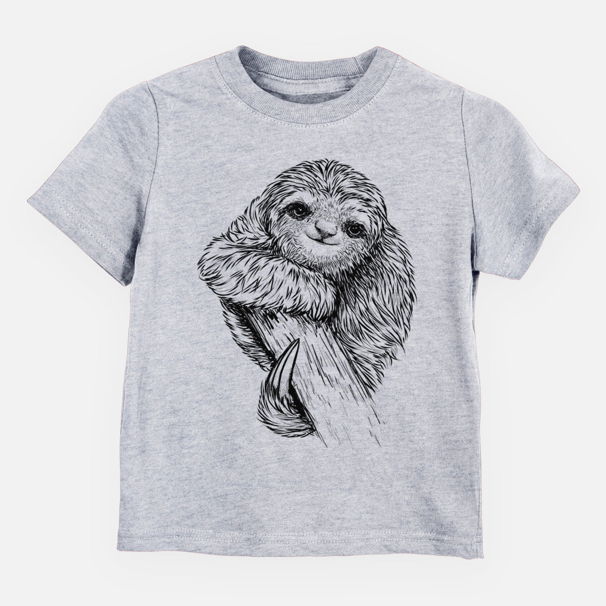 Heather grey toddler t-shirt laid flat, printed with a detailed black ink illustration of a smiling pygmy three-toed sloth hanging from a branch.