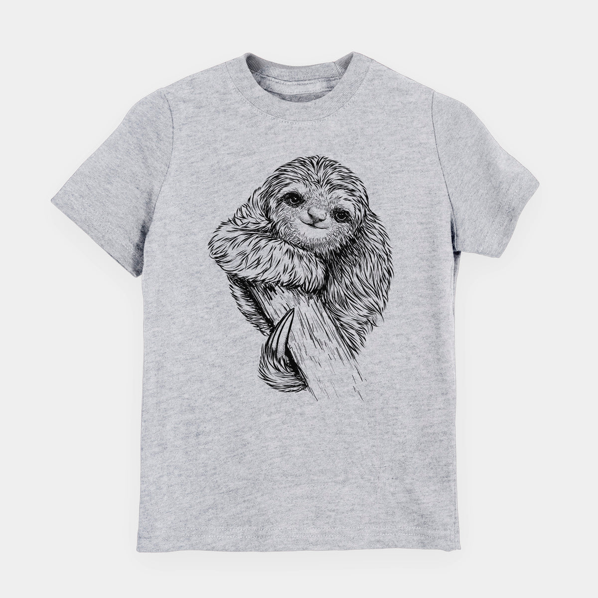 Heather grey youth t-shirt laid flat, printed with a detailed black ink illustration of a smiling pygmy three-toed sloth hanging from a branch.