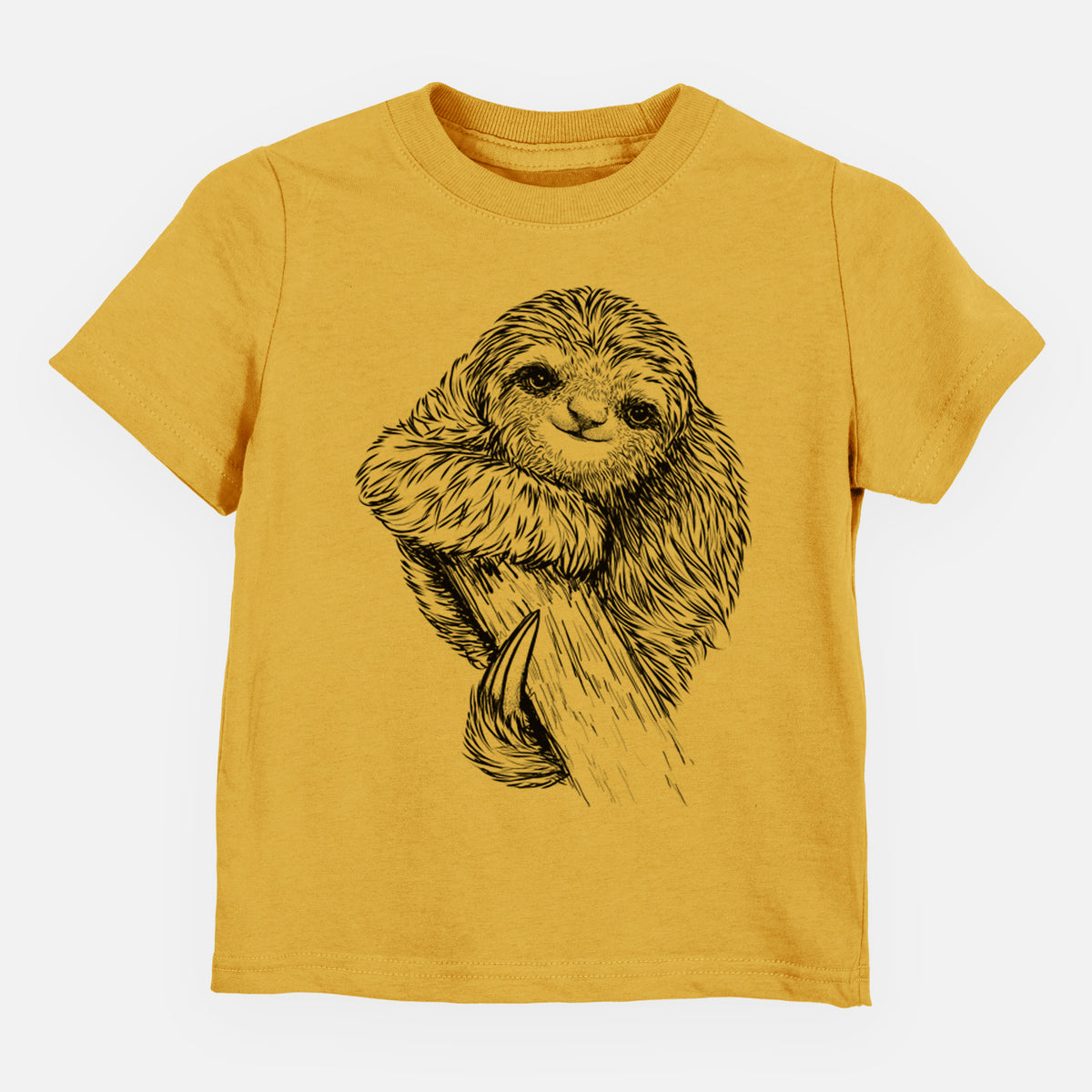 Honeycomb yellow toddler t-shirt laid flat, printed with a detailed black ink illustration of a smiling pygmy three-toed sloth hanging from a branch.