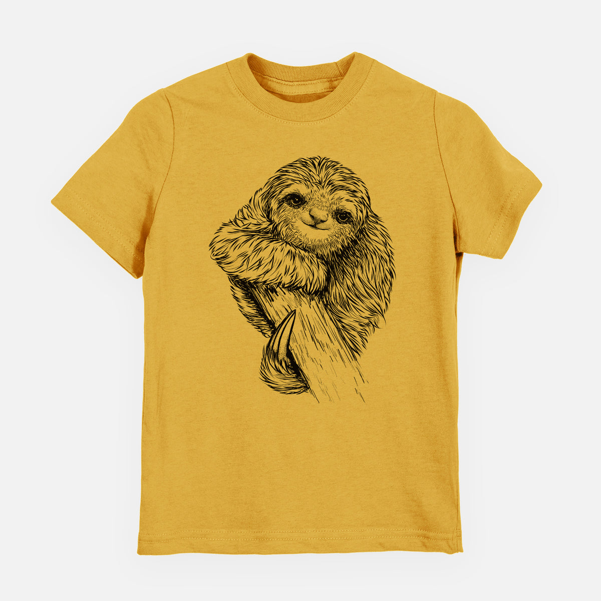 Honeycomb yellow youth t-shirt laid flat, printed with a detailed black ink illustration of a smiling pygmy three-toed sloth hanging from a branch.