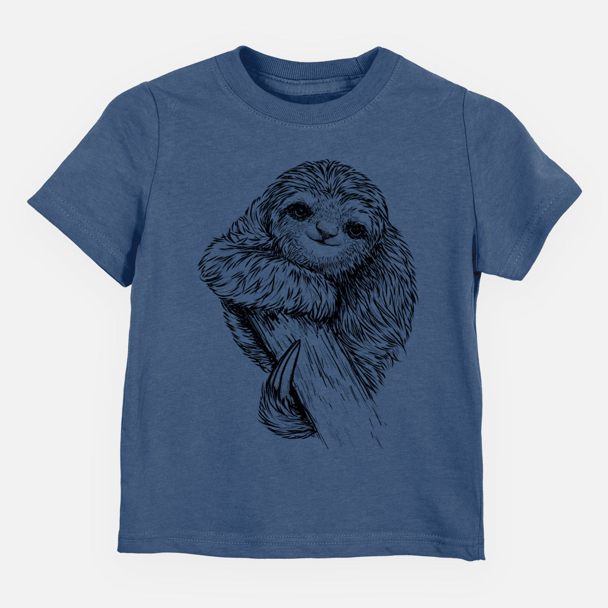 Indigo blue toddler t-shirt laid flat, printed with a detailed black ink illustration of a smiling pygmy three-toed sloth hanging from a branch.