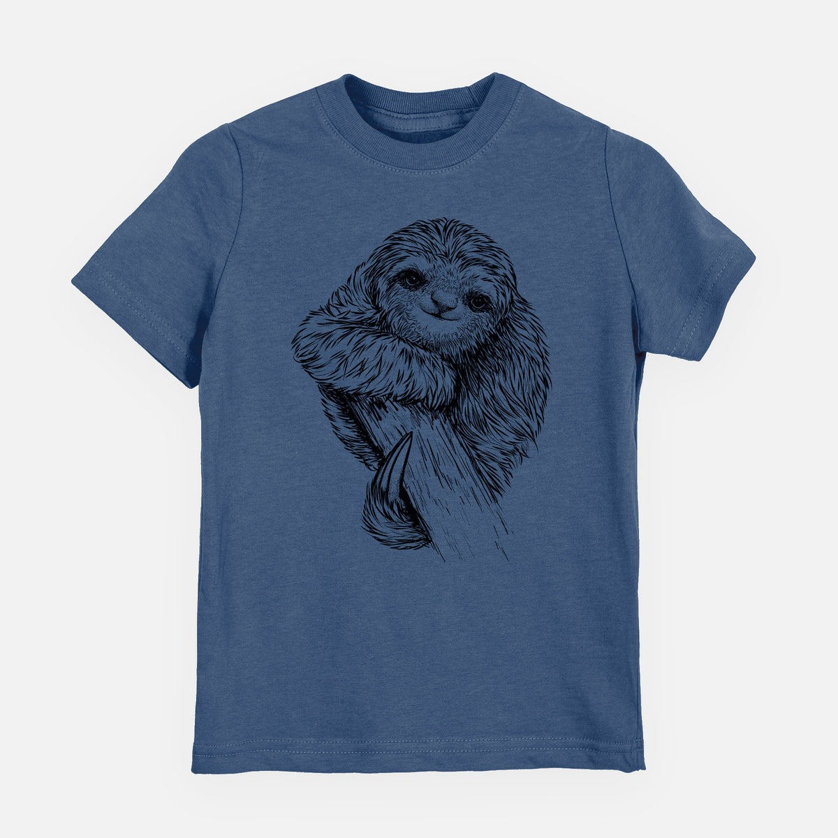 Indigo blue youth t-shirt laid flat, printed with a detailed black ink illustration of a smiling pygmy three-toed sloth hanging from a branch.