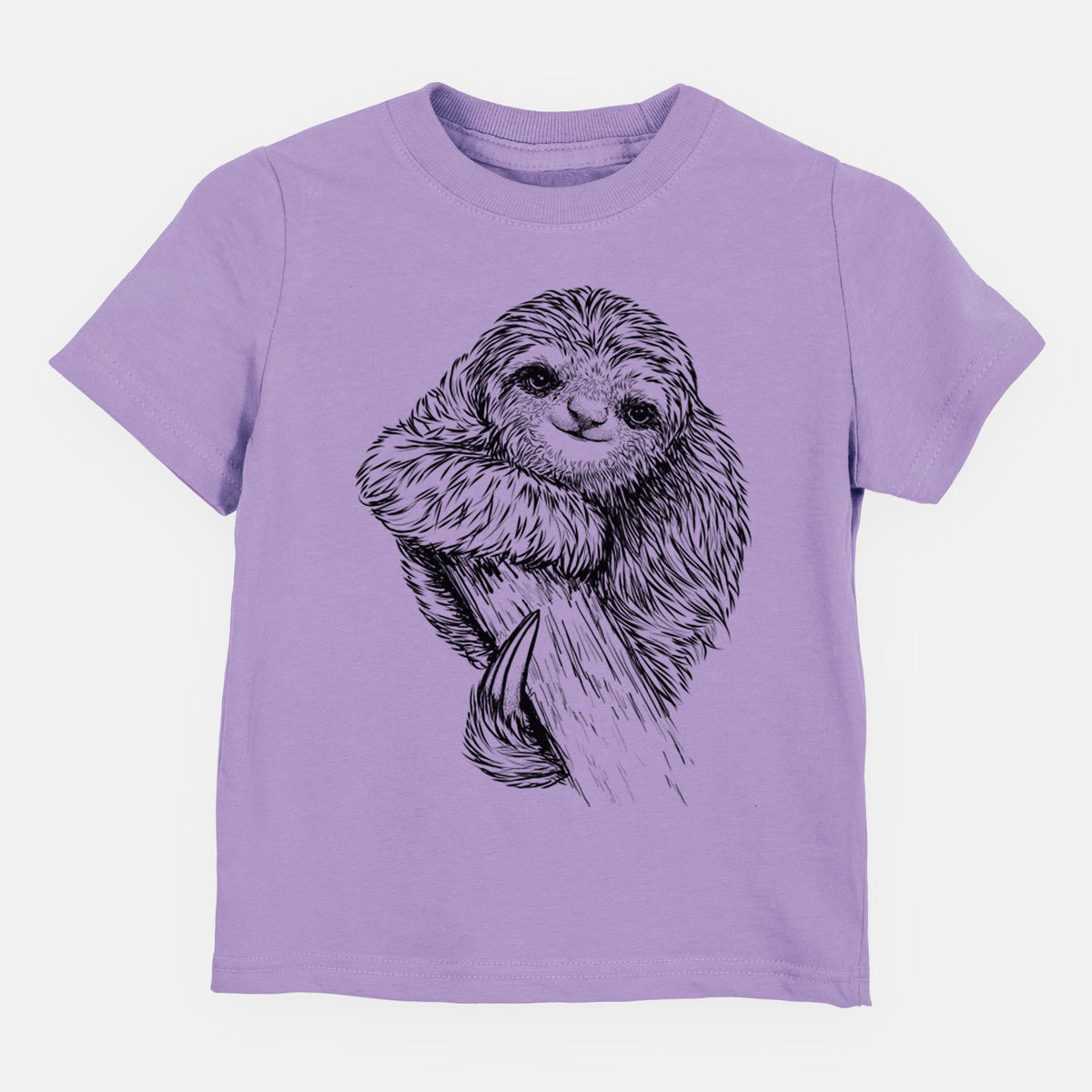Lavender toddler t-shirt laid flat, printed with a detailed black ink illustration of a smiling pygmy three-toed sloth hanging from a branch.