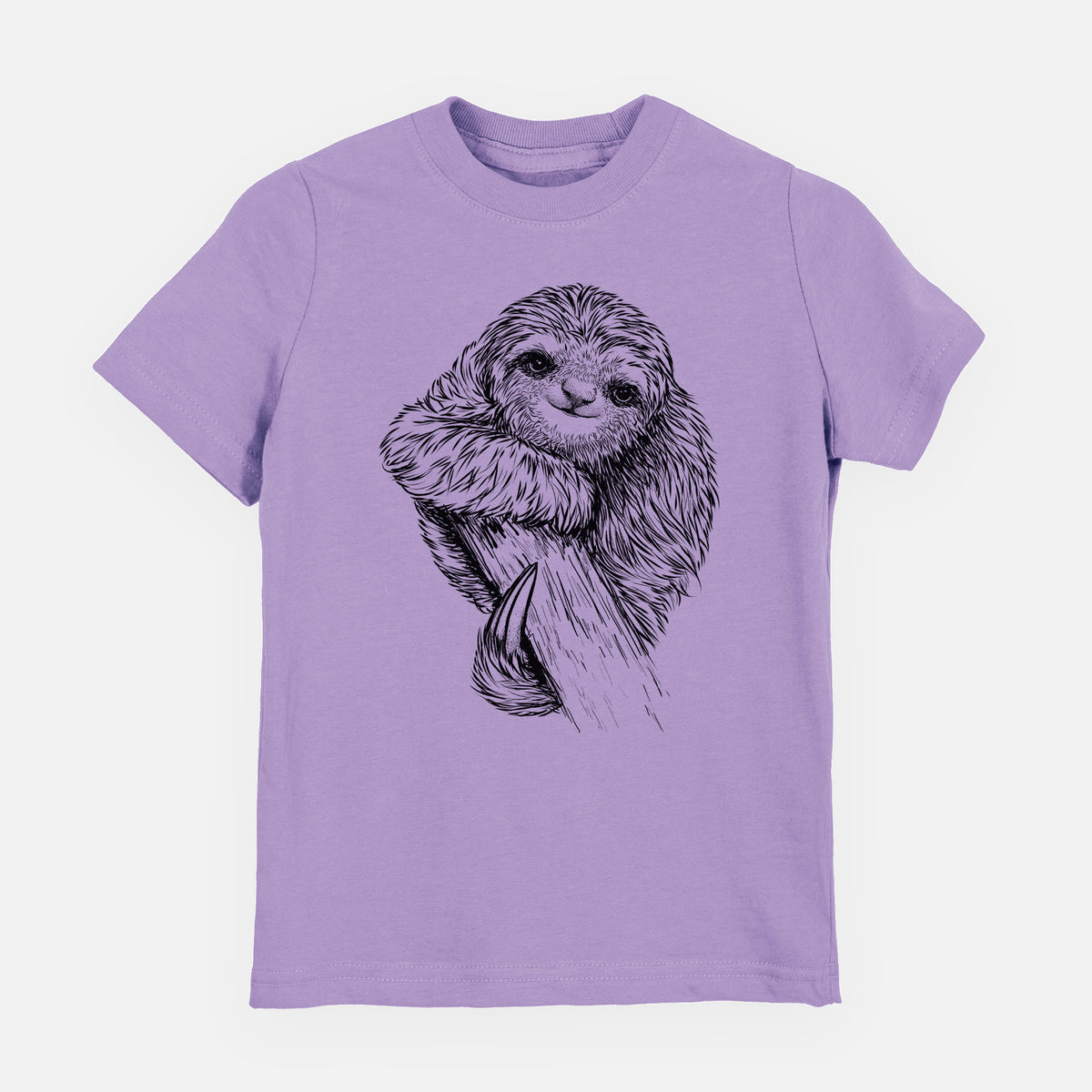 Lavender youth t-shirt laid flat, printed with a detailed black ink illustration of a smiling pygmy three-toed sloth hanging from a branch.