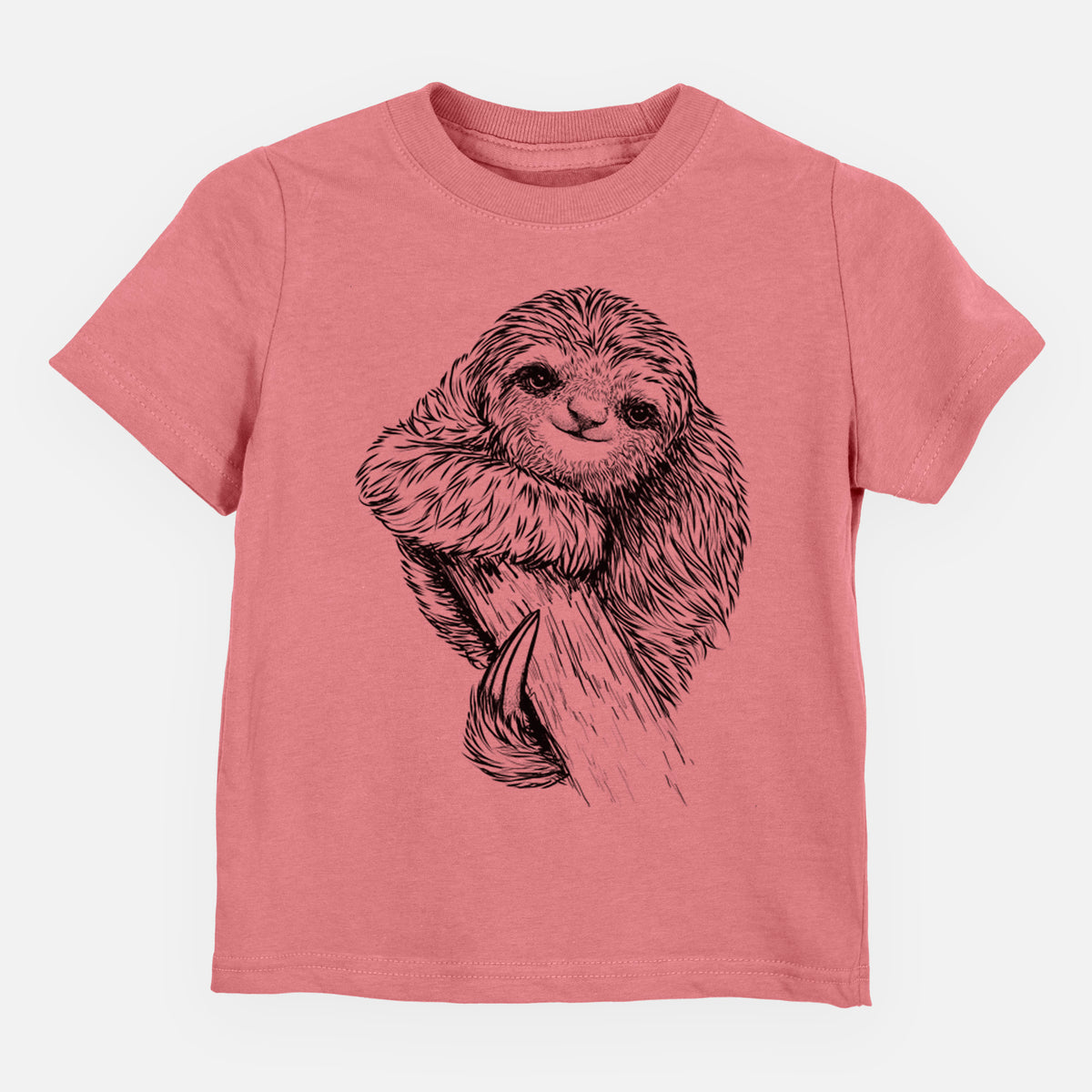 Mauve pink toddler t-shirt laid flat, printed with a detailed black ink illustration of a smiling pygmy three-toed sloth hanging from a branch.
