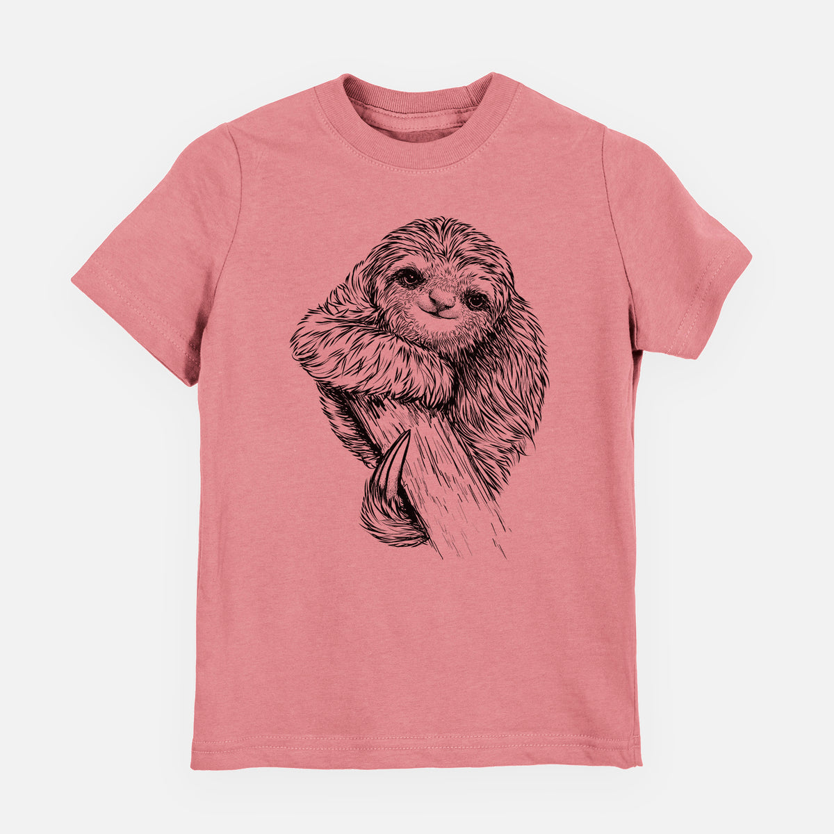 Mauve pink youth t-shirt laid flat, printed with a detailed black ink illustration of a smiling pygmy three-toed sloth hanging from a branch.