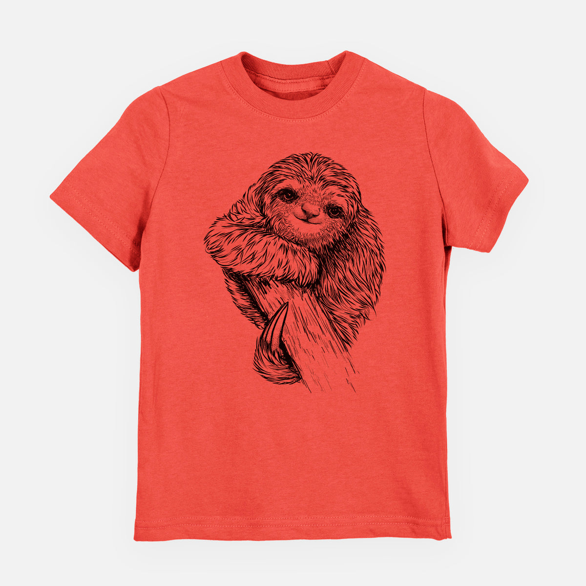 Passionfruit pink youth t-shirt laid flat, printed with a detailed black ink illustration of a smiling pygmy three-toed sloth hanging from a branch.