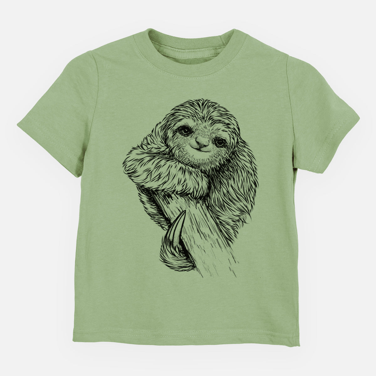 Sage green toddler t-shirt laid flat, printed with a detailed black ink illustration of a smiling pygmy three-toed sloth hanging from a branch.
