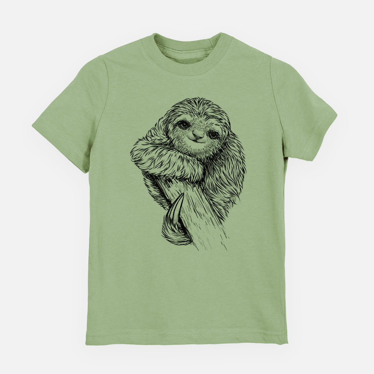 Sage green youth t-shirt laid flat, printed with a detailed black ink illustration of a smiling pygmy three-toed sloth hanging from a branch.