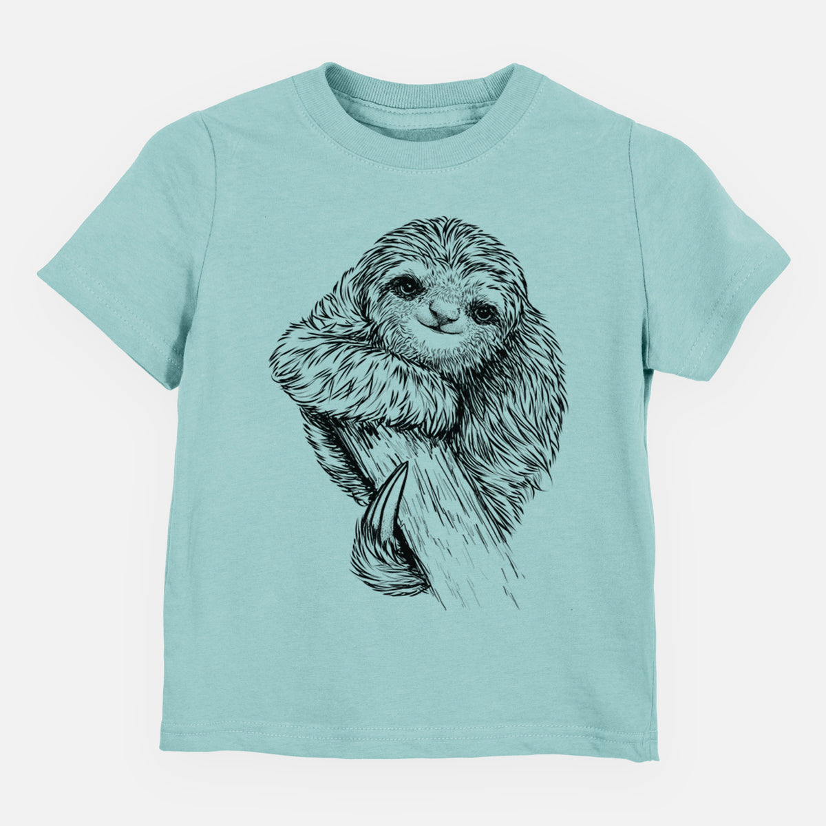 Saltwater toddler t-shirt laid flat, printed with a detailed black ink illustration of a smiling pygmy three-toed sloth hanging from a branch.