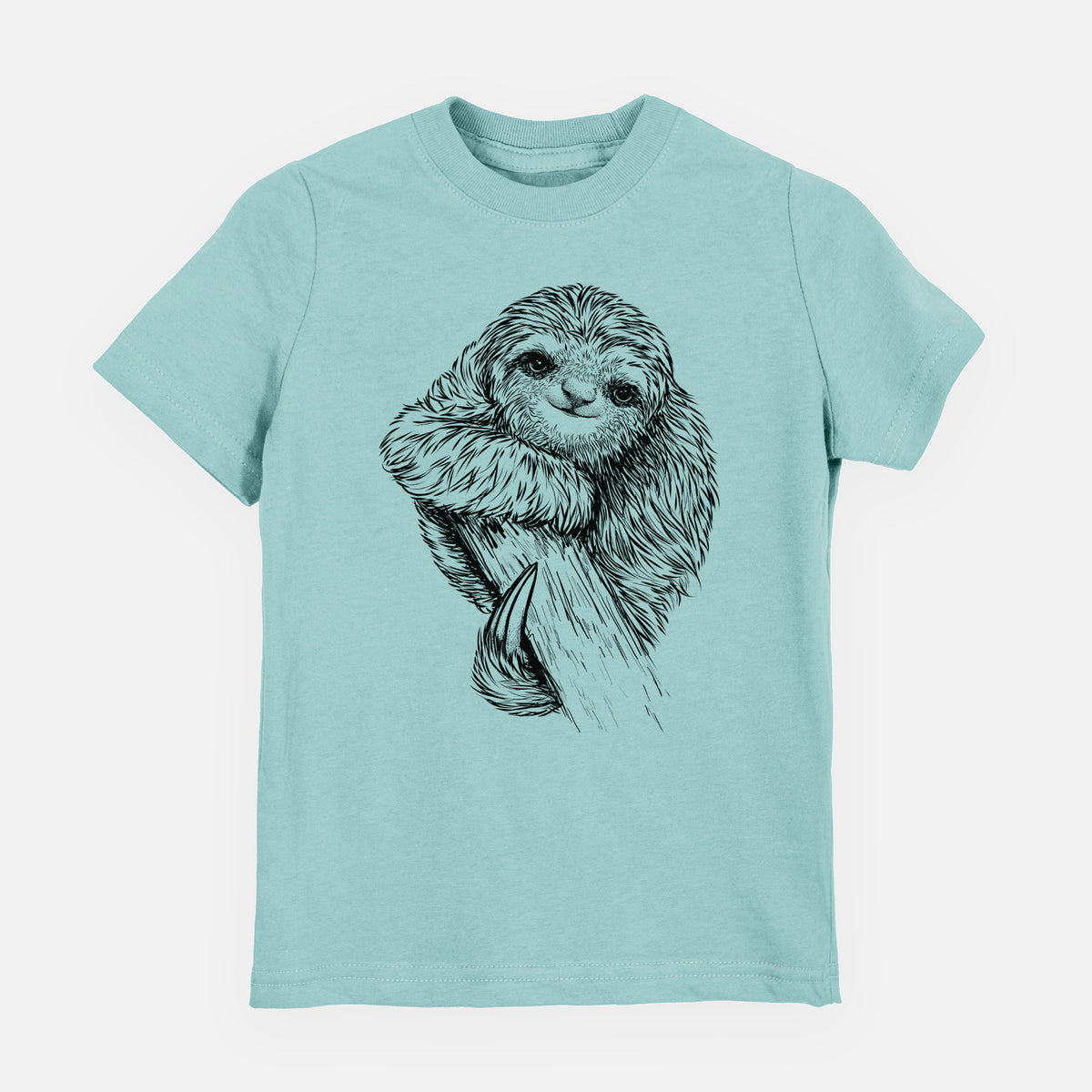 Saltwater youth t-shirt laid flat, printed with a detailed black ink illustration of a smiling pygmy three-toed sloth hanging from a branch.