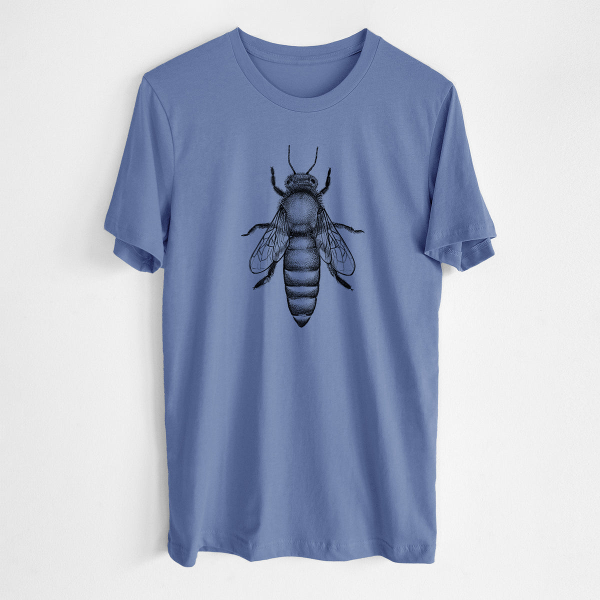 Blue bell lightweight cotton t-shirt laid flat, printed with a detailed black ink illustration of a queen honey bee, seen from above.