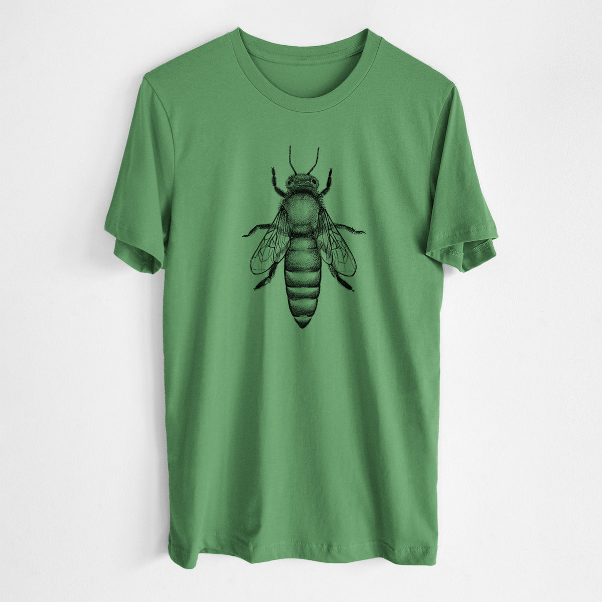 Leaf green lightweight cotton t-shirt laid flat, printed with a detailed black ink illustration of a queen honey bee, seen from above.