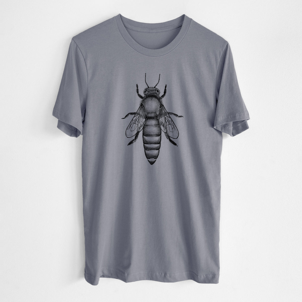 Storm grey lightweight cotton t-shirt laid flat, printed with a detailed black ink illustration of a queen honey bee, seen from above.