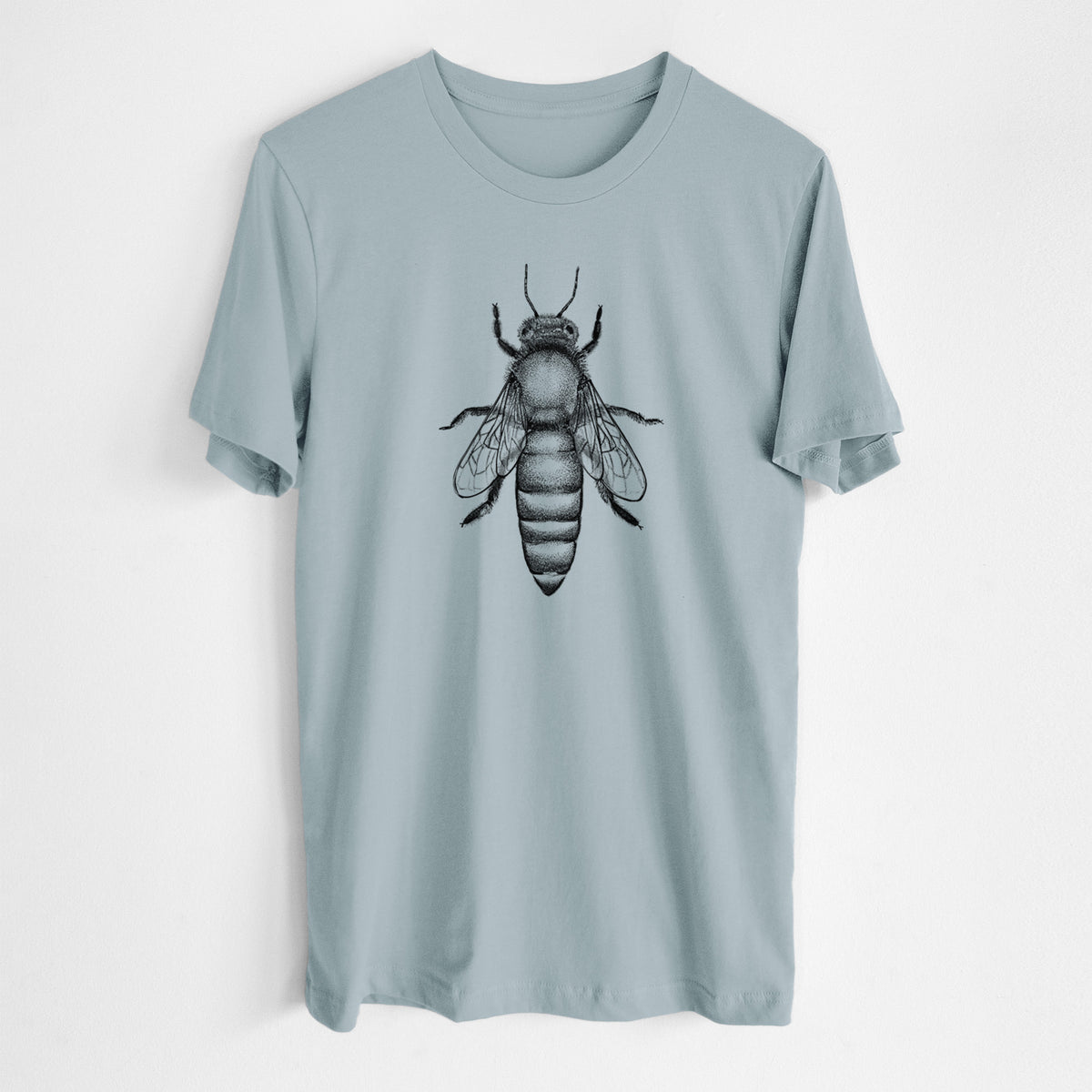 Vintage denim lightweight cotton t-shirt laid flat, printed with a detailed black ink illustration of a queen honey bee, seen from above.