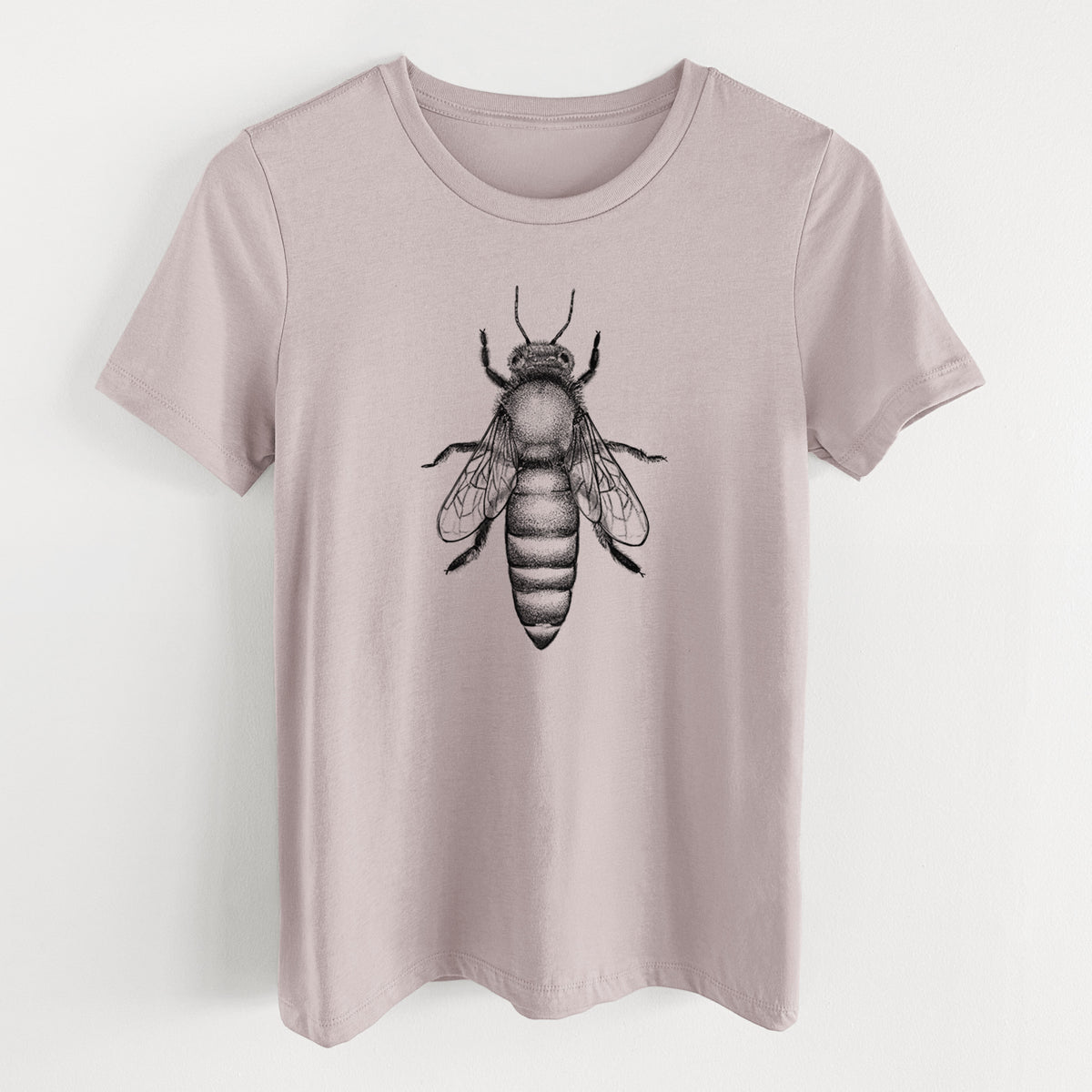 Pink gravel women's relaxed fit cotton t-shirt laid flat, printed with a detailed black ink illustration of a queen honey bee, seen from above.