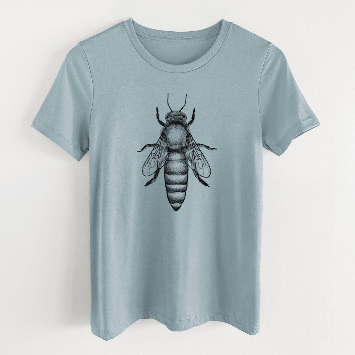 Vintage denim women's relaxed fit cotton t-shirt laid flat, printed with a detailed black ink illustration of a queen honey bee, seen from above.