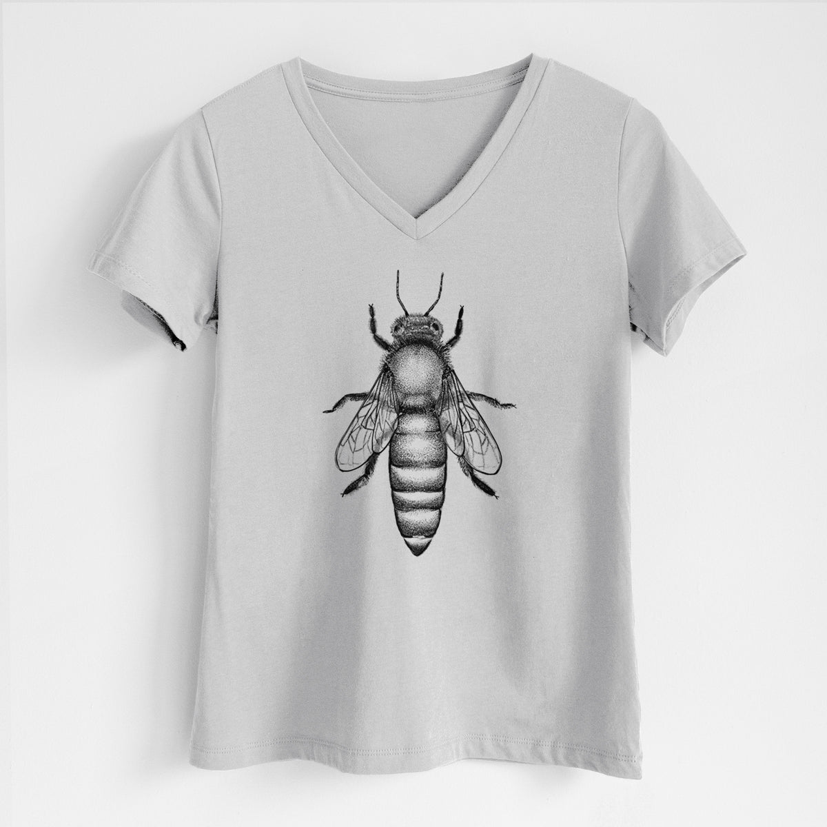 Lunar grey women's relaxed fit cotton V-neck t-shirt laid flat, printed with a detailed black ink illustration of a queen honey bee, seen from above.