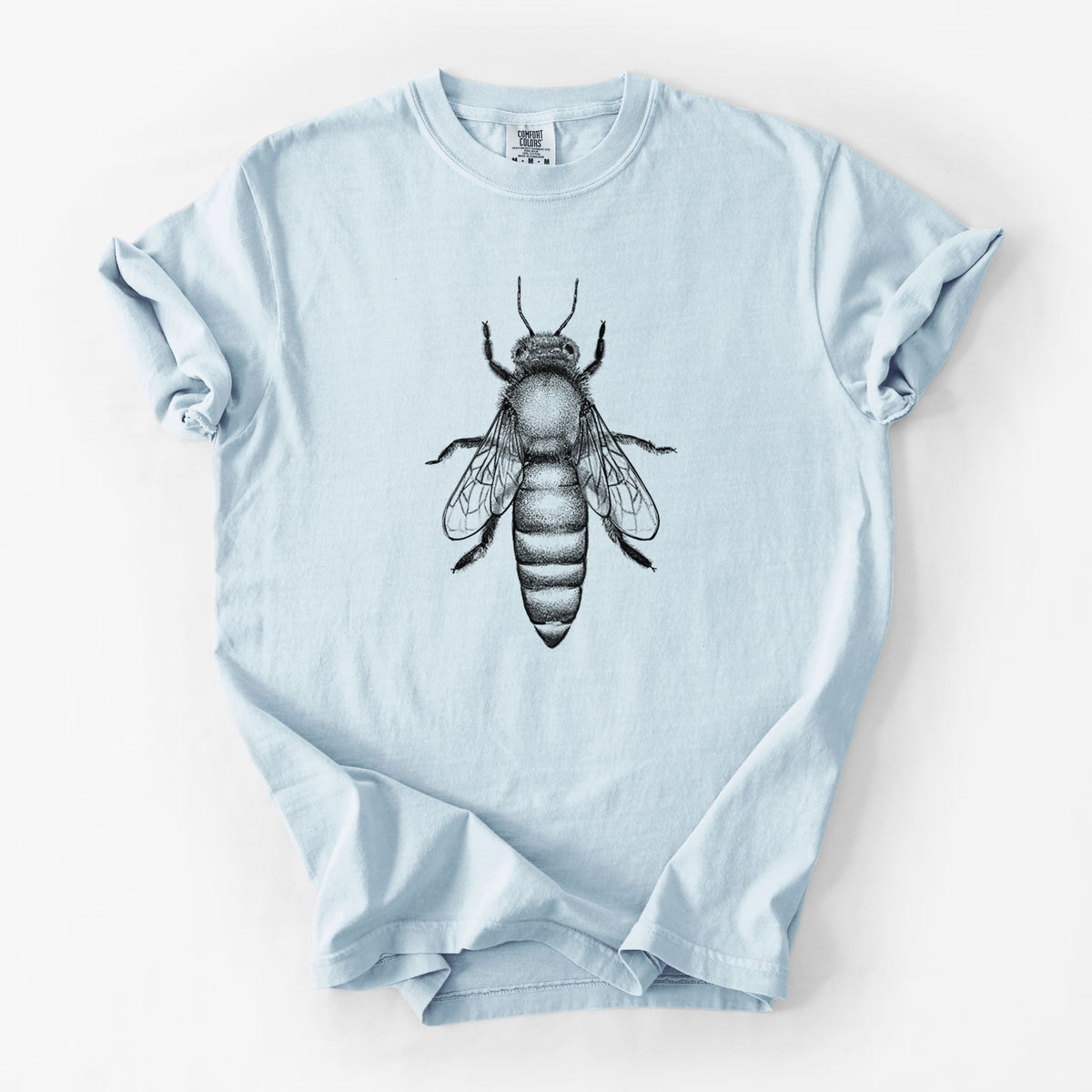 Chambray blue Comfort Colors t-shirt laid flat, printed with a detailed black ink illustration of a queen honey bee, seen from above.