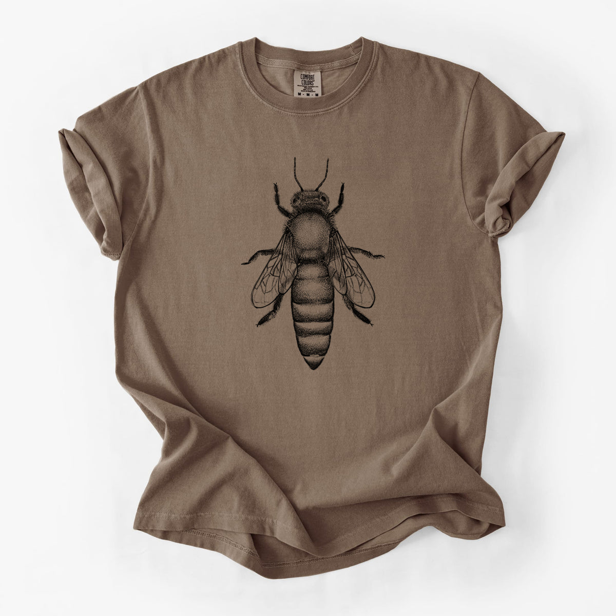 Espresso brown Comfort Colors t-shirt laid flat, printed with a detailed black ink illustration of a queen honey bee, seen from above.