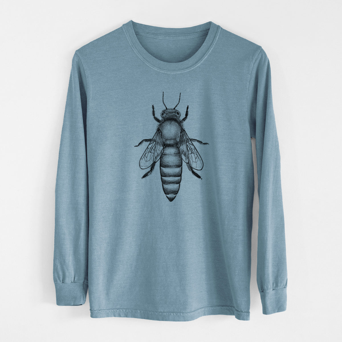 Steel blue Comfort Colors long sleeve shirt laid flat, printed with a detailed black ink illustration of a queen honey bee, seen from above.