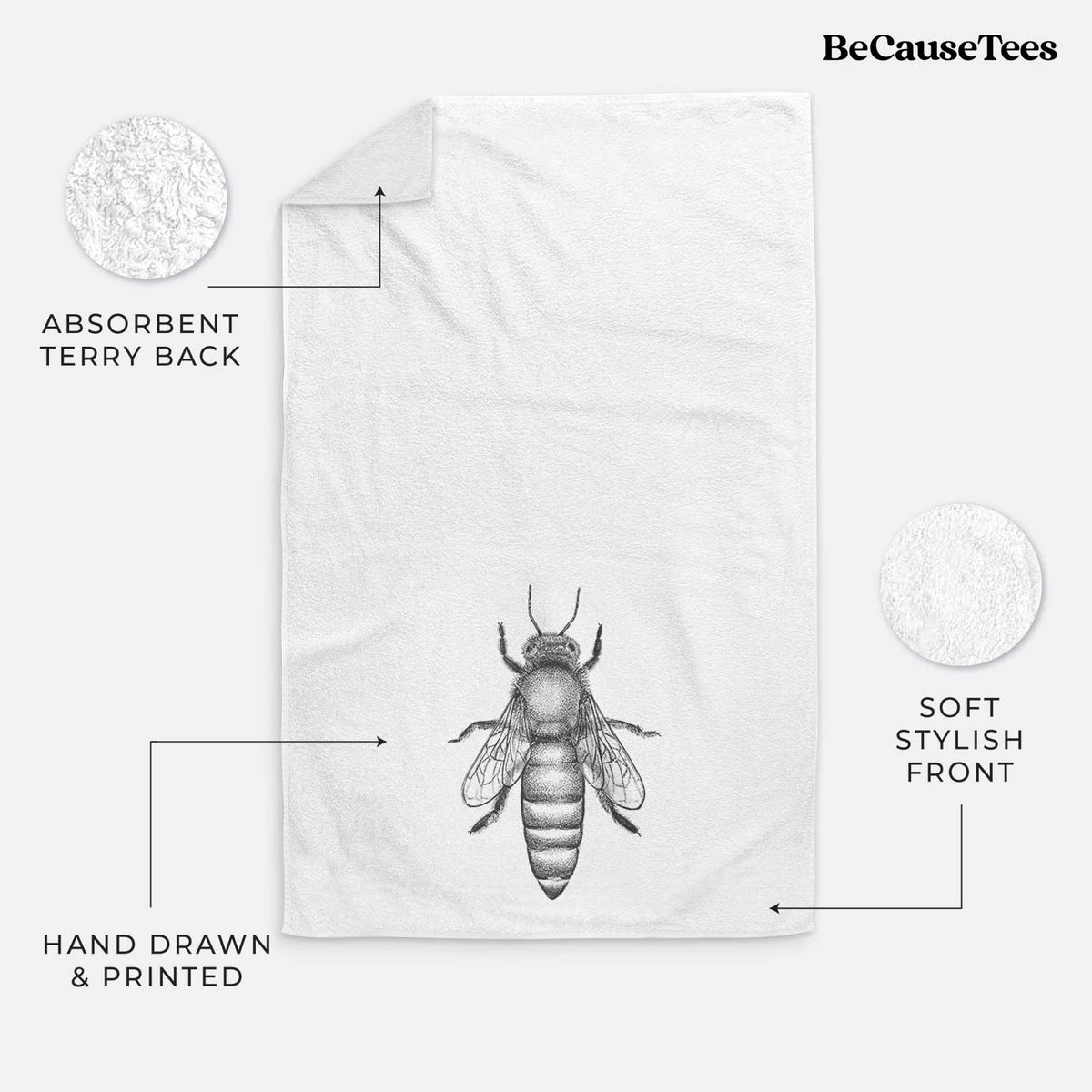 White hand towel printed with a detailed black ink illustration of a queen honey bee, seen from above.