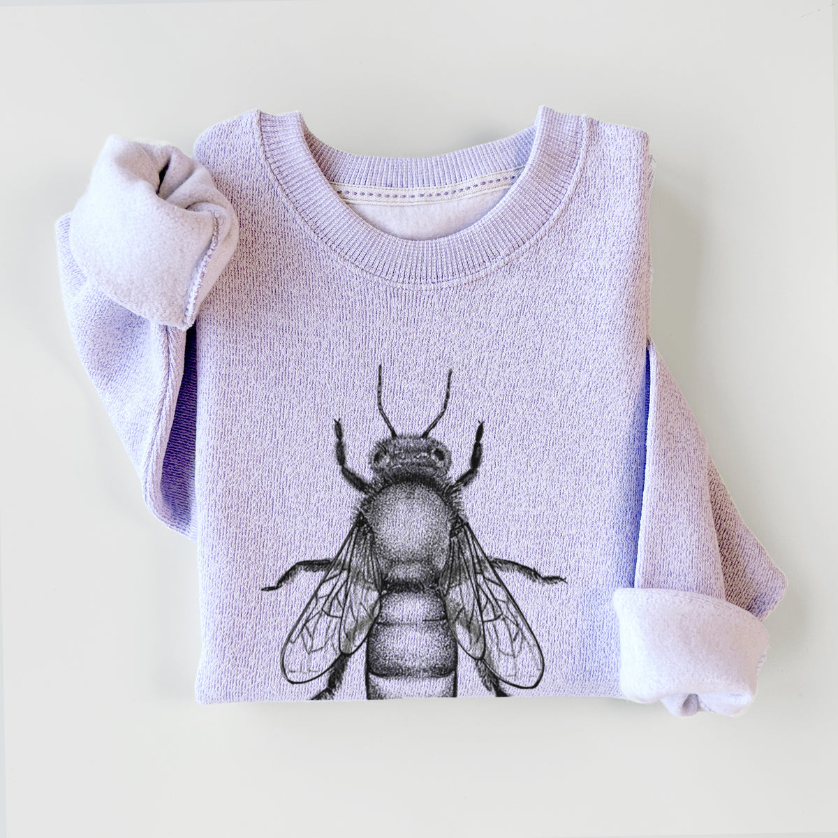 Ice purple knit sweatshirt printed with a detailed black ink illustration of a queen honey bee, seen from above, styled flat.